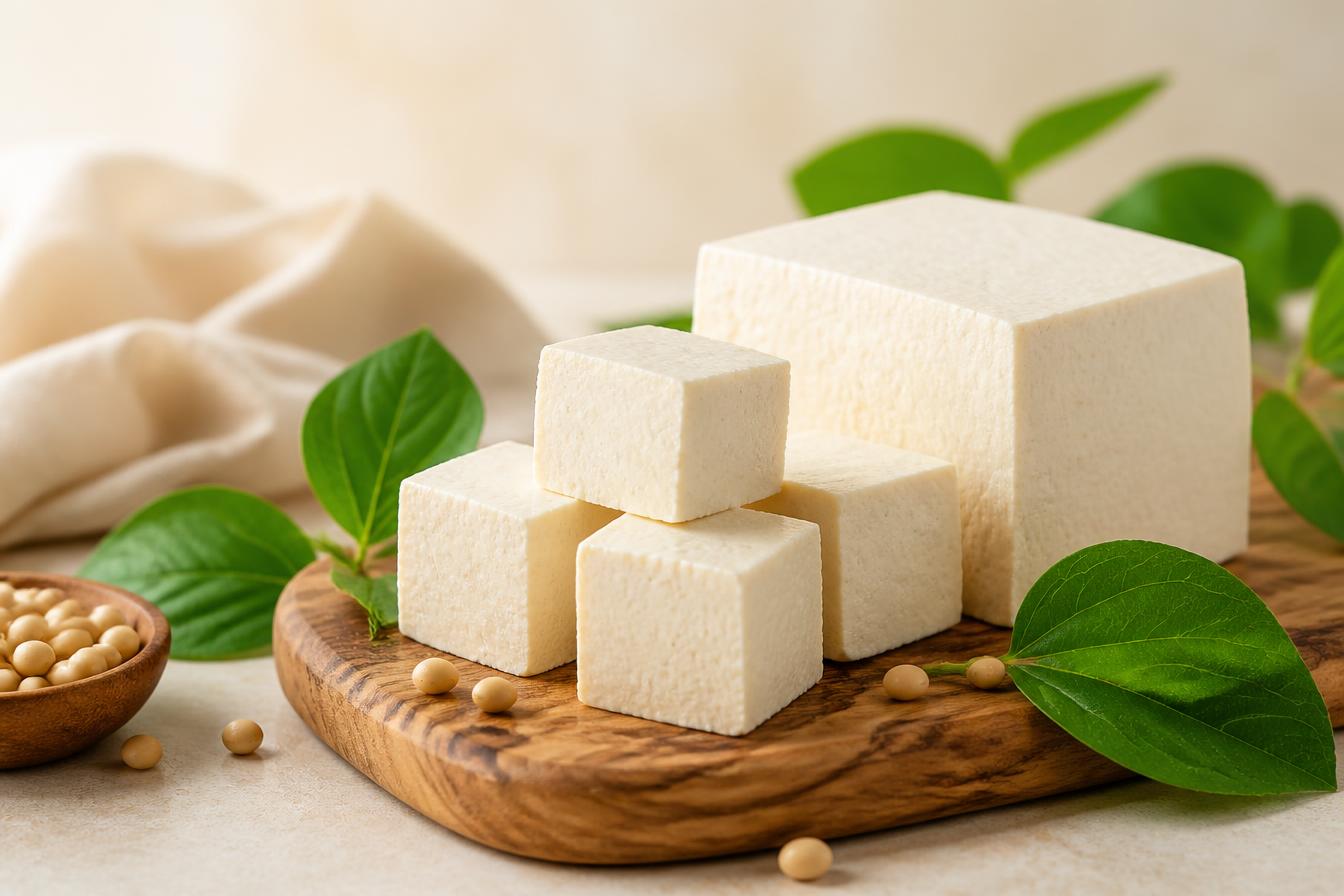 Blok tahu putih segar di atas talenan kayu dengan daun kedelai